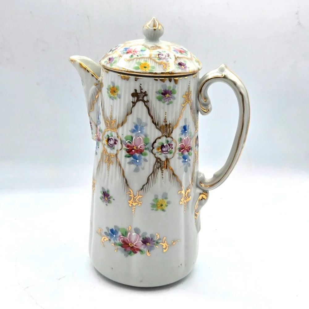 VINTAGE Porcelain Coffee Chocolate Pot Hand Painted Floral Gold Gilt Cottage